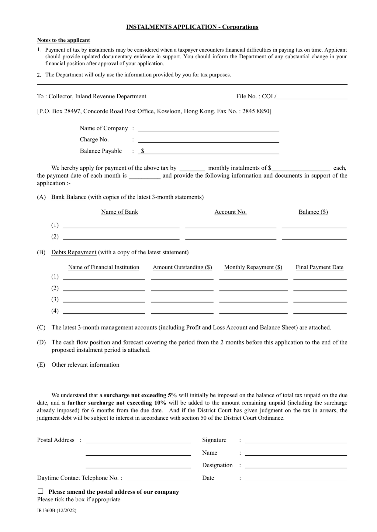 How to fill out Form IR1360B: page one of the Instalment Application for Corporations form from the Companies Registry