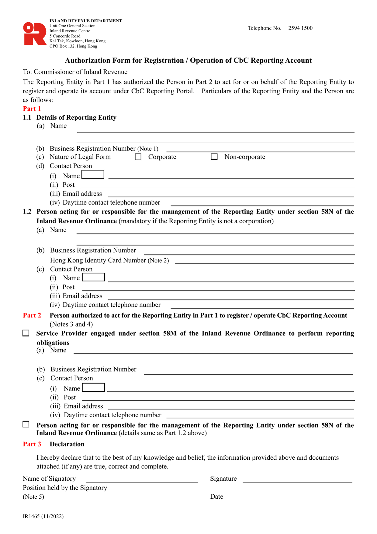 How to fill out Form IR1465: page one of the Authorization for Registration or Operation of a CbC Reporting Account form from the Companies Registry