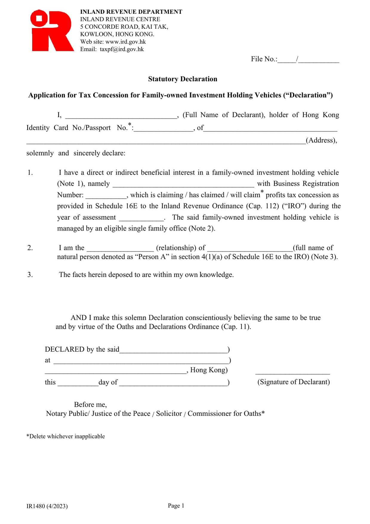 How to fill out Form IR1480: page one of the Statutory Declaration for Family-owned Investment Holding Vehicles form from the Companies Registry