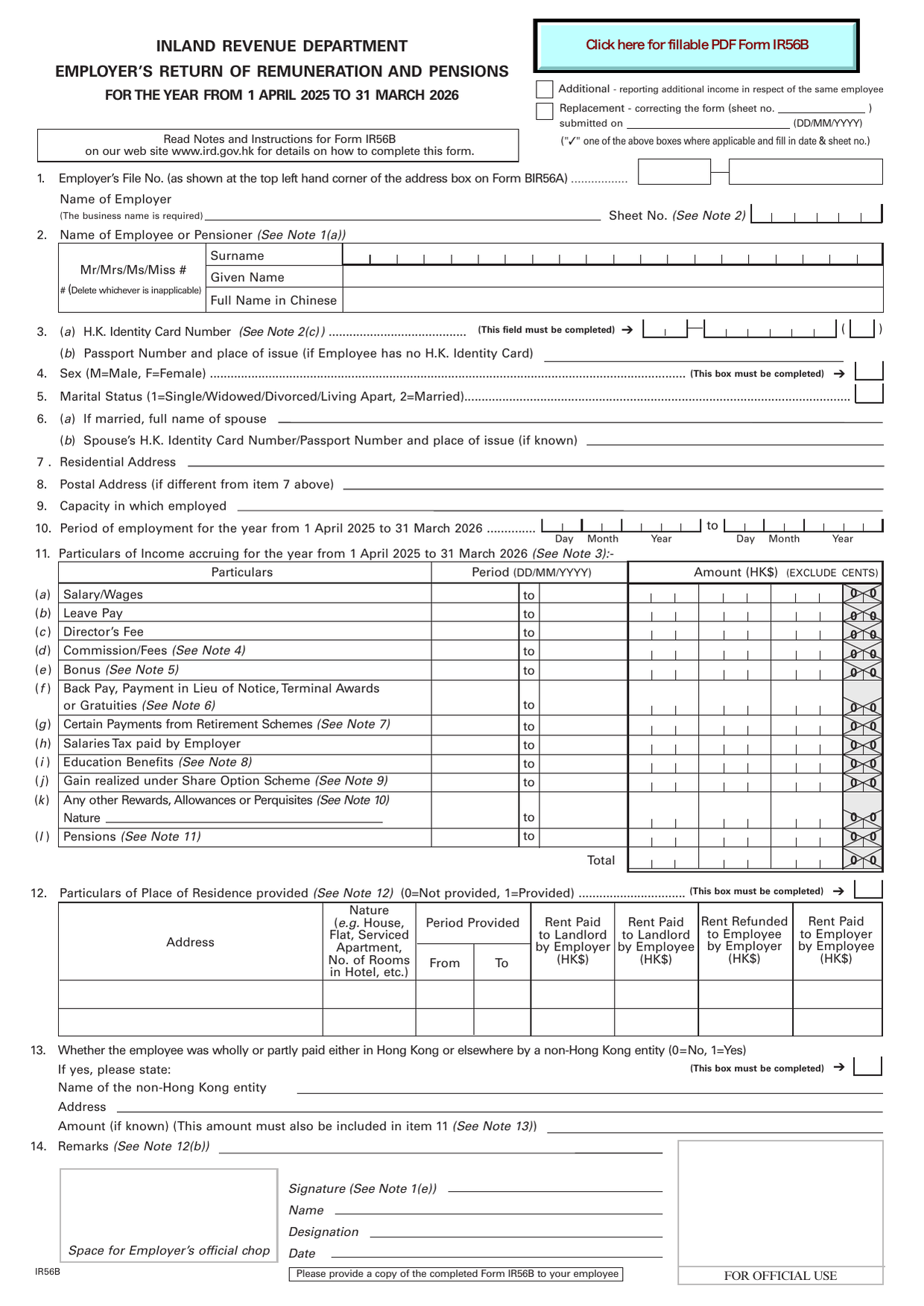 How to fill out Form IR56B: page one of the Employee's Remuneration, filed with BIR56A form from the Companies Registry