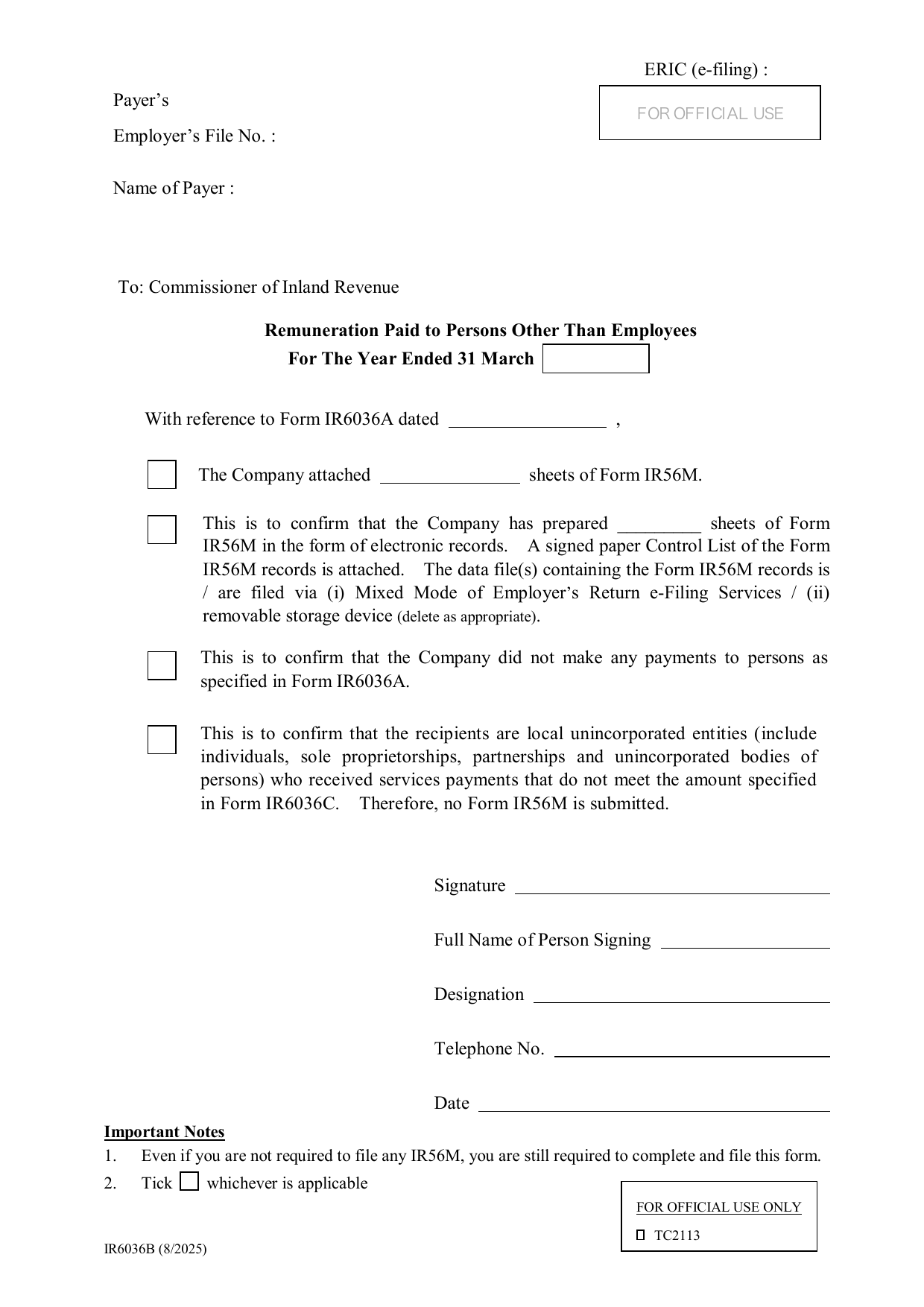 How to fill out Form IR6036B: page one of the Covering Letter for Remuneration Paid to Persons Other Than Employees form from the Companies Registry