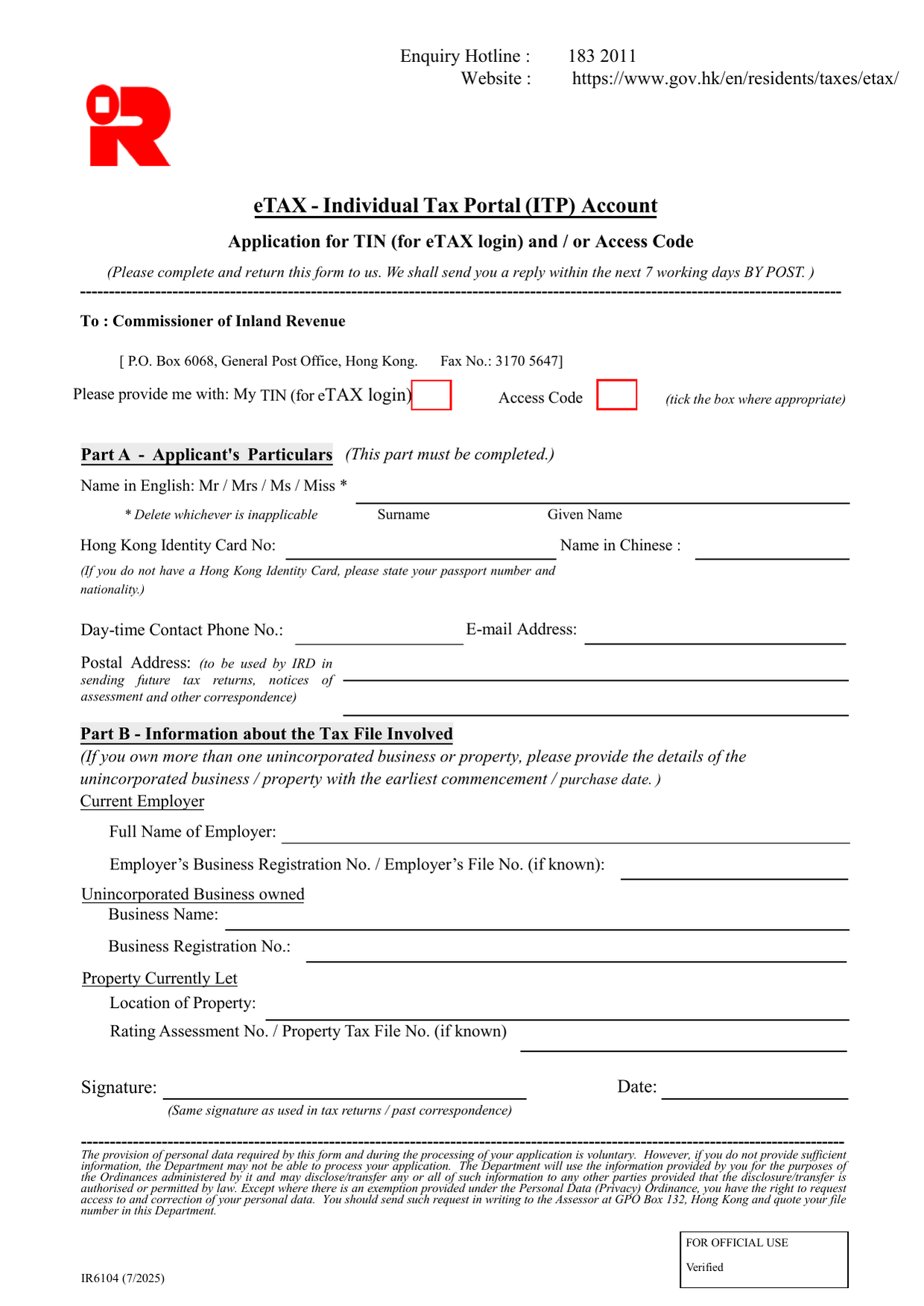 How to fill out Form IR6104: page one of the Application for a TIN for eTAX Login and Access Code form from the Companies Registry
